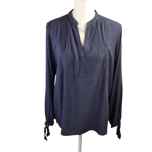 Lucky Brand Pin Tuck Blue Top Size Large Relaxed Breezy Rayon Tie Sleeve Rayon - Picture 1 of 7